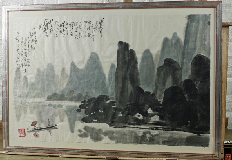 Asiatika China Tuschpinsel Malerei Landschaft Boot See Berge