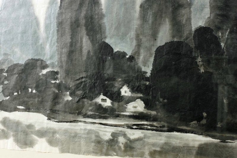 Asiatika China Tuschpinsel Malerei Landschaft Boot See Berge