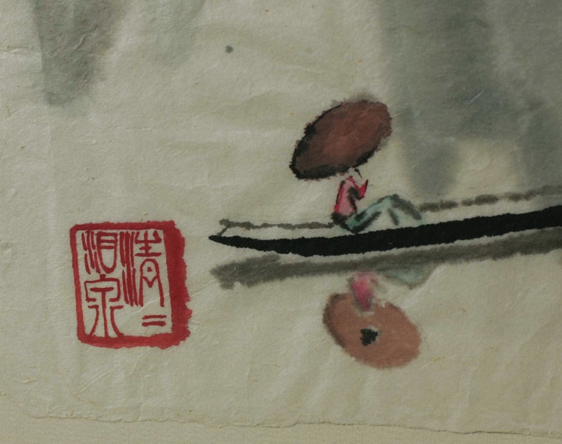 Asiatika China Tuschpinsel Malerei Landschaft Boot See Berge