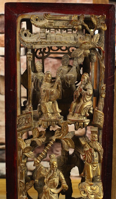 Asiatika Holz Schnitzerei Pagode Personen