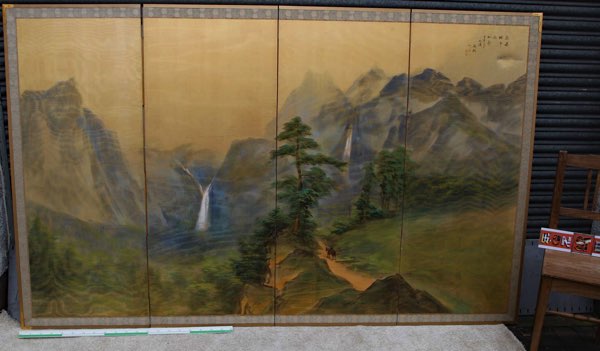 Asiatika Paravent Malerei signiert Landschaft
