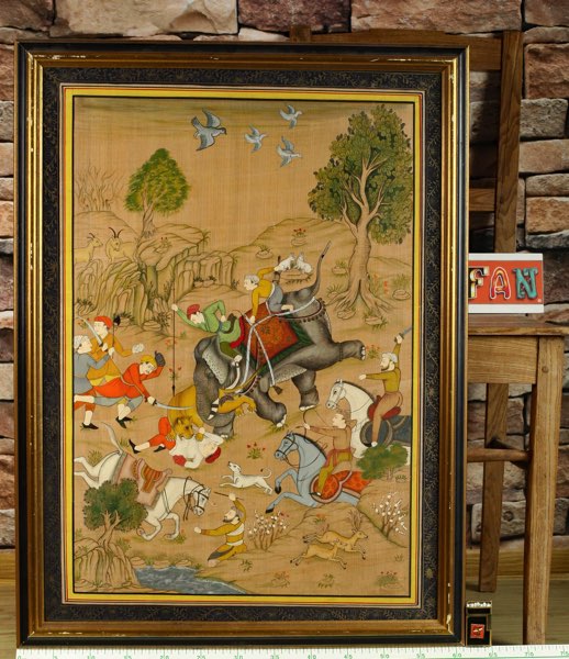 Seidenmalerei Asiatika Indien Jagd Elefant Tiger