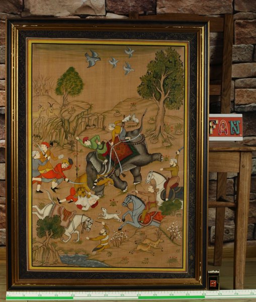 Seidenmalerei Asiatika Indien Jagd Elefant Tiger
