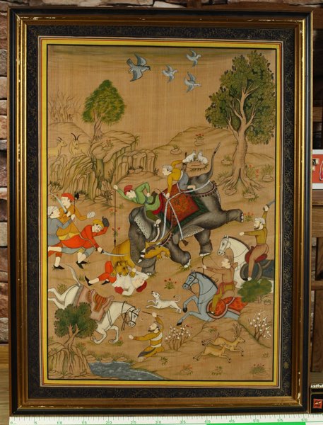 Seidenmalerei Asiatika Indien Jagd Elefant Tiger