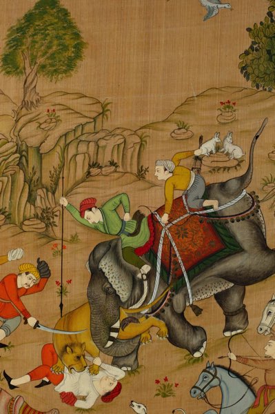 Seidenmalerei Asiatika Indien Jagd Elefant Tiger