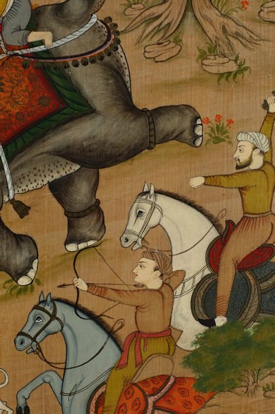 Seidenmalerei Asiatika Indien Jagd Elefant Tiger