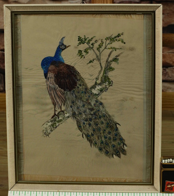 signiert Seidenmalerei Pfau Asiatika
