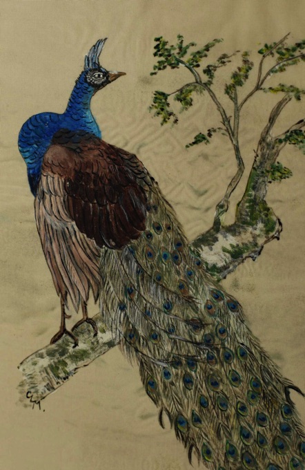 signiert Seidenmalerei Pfau Asiatika