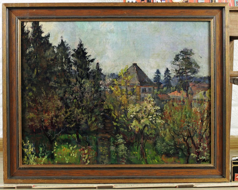 A H antikes Ölgemälde Villa Garten Impressionist