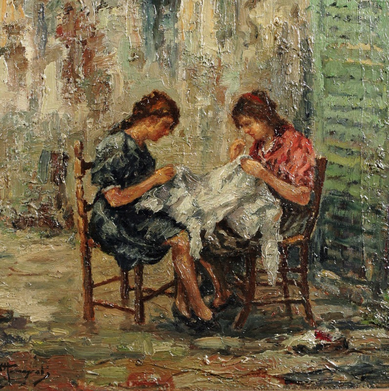 Alessandro Monsagrati antikes Ölgemälde zwei Frauen Interieur Heimarbeit