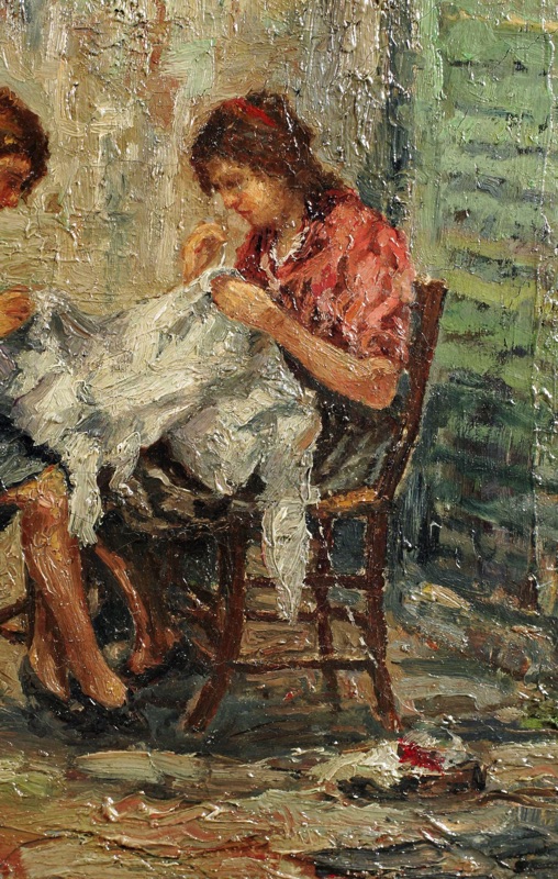 Alessandro Monsagrati antikes Ölgemälde zwei Frauen Interieur Heimarbeit