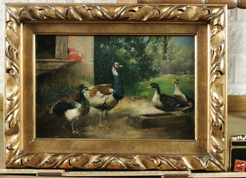 Alfred Schönian Ölgemälde antik Pfau Enten