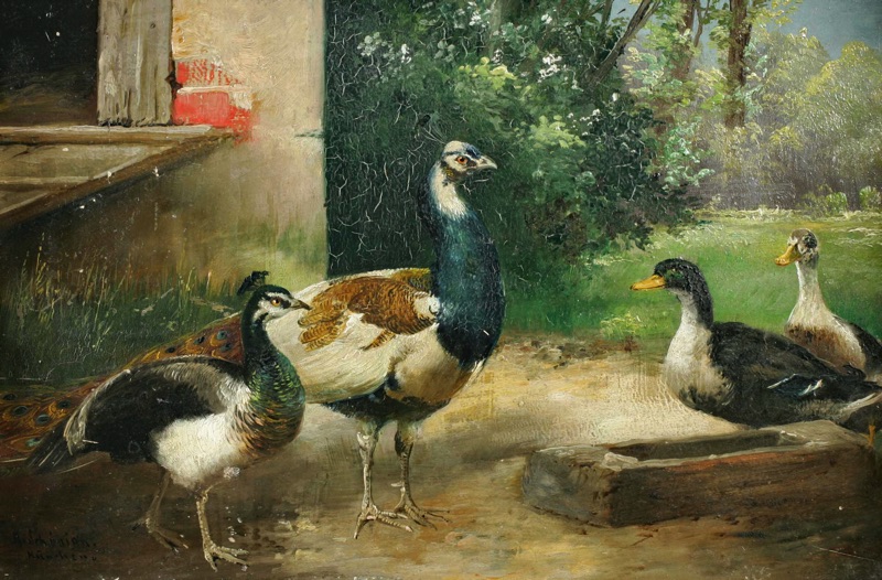 Alfred Schönian Ölgemälde antik Pfau Enten