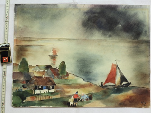 Alice Brasse Forstmann Aquarell antik 1949 Dorf am See