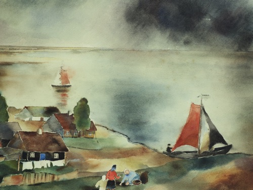 Alice Brasse Forstmann Aquarell antik 1940 Dorf am See
