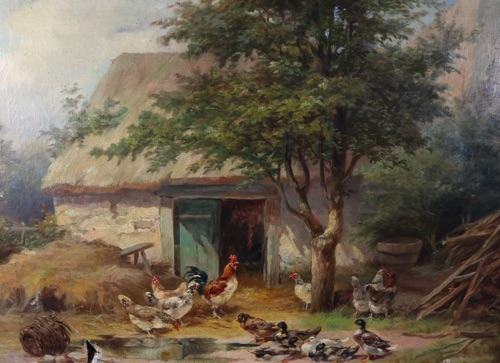 Angelvy Ölgemälde antik Stall Hühner Enten