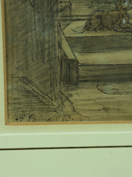 Anton Burger Aquarell Zeichnung antik 1865 Lila Neubronner Hund