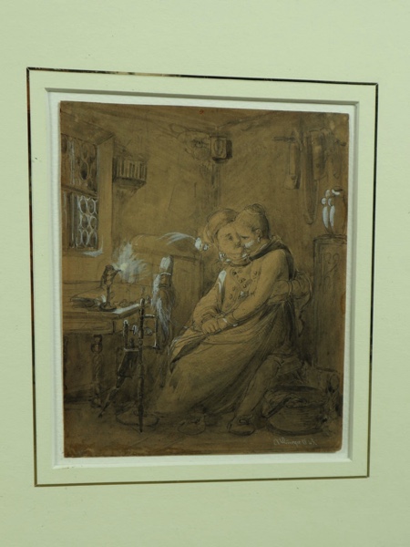 Anton Burger Zeichnung antik 1843 Mann Frau Webstuhl