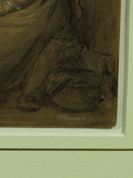 Anton Burger Zeichnung antik 1843 Mann Frau Webstuhl