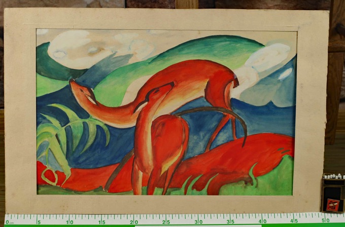 älteres Aquarell Kopie nach F. Marc rote Rehe Der Blaue Reiter blauer vintage