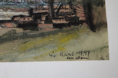 Aquarell Wilhelm Raab antik 1946 Frankfurt Industrie Eisenbahnbrücke