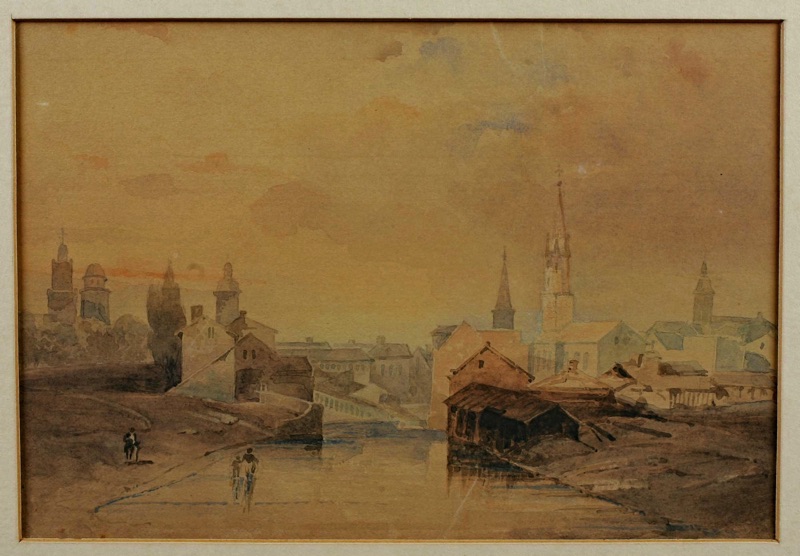 Aquarell antik Stadtansicht Biedermeier Rahmen