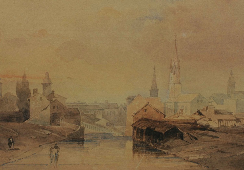 Aquarell antik Stadtansicht Biedermeier Rahmen