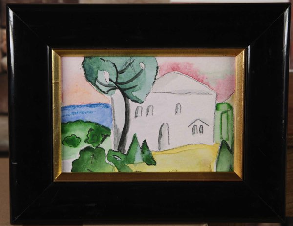 Aquarell modern Haus Baum Garten