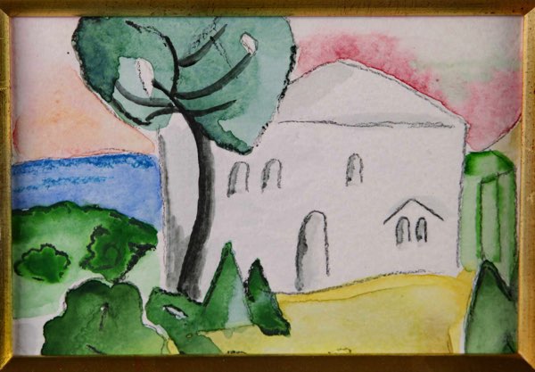 Aquarell modern Haus Baum Garten