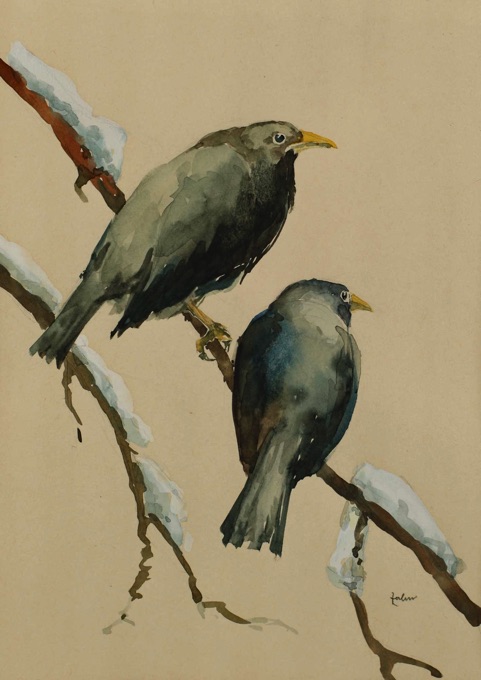 Arthur Zahn Aquarell Vögel auf Ast 1