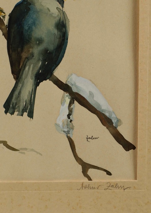 Arthur Zahn Aquarell Vögel auf Ast 1
