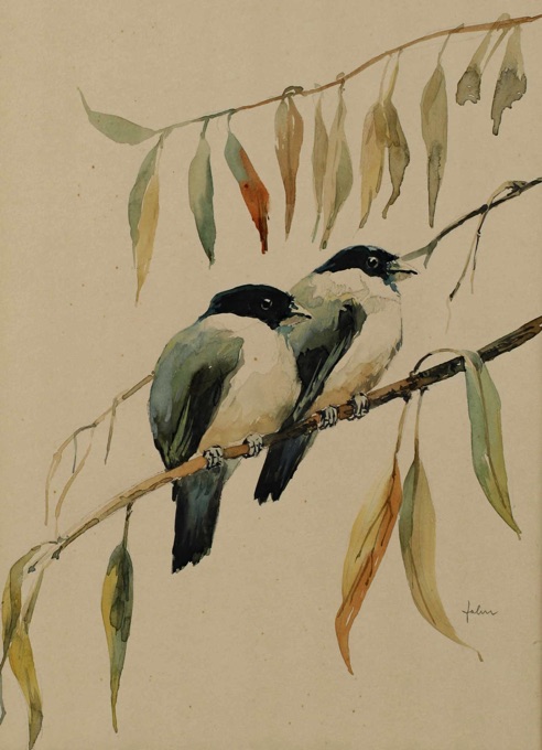 Arthur Zahn Aquarell Vögel auf Ast 2
