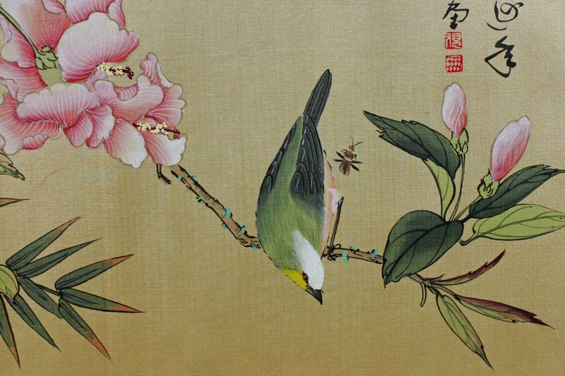 Asiatika Malerei China Seide Blüte Vogel