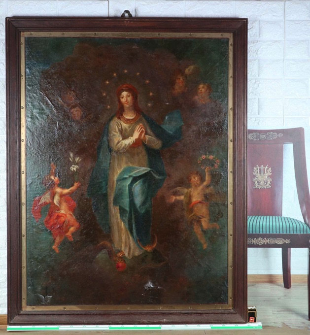 Barock Ölgemälde beidseitig Madonna Anbetung Wendebild beschädigt