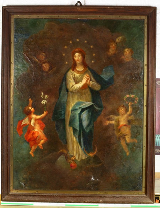 Barock Ölgemälde beidseitig Madonna Anbetung Wendebild beschädigt