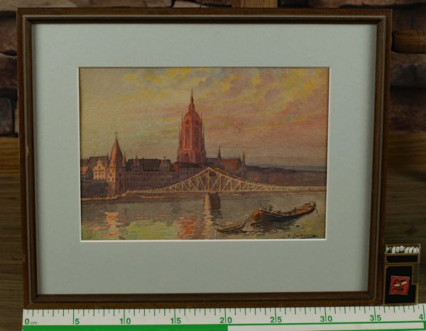 Bartholome Aquarell antik Stadtansicht Frankfurt am Main Dom Eiserner Steg Boot