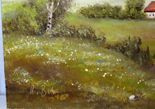 Behr Ölgemälde Landschaft Dorf Kirche Frau