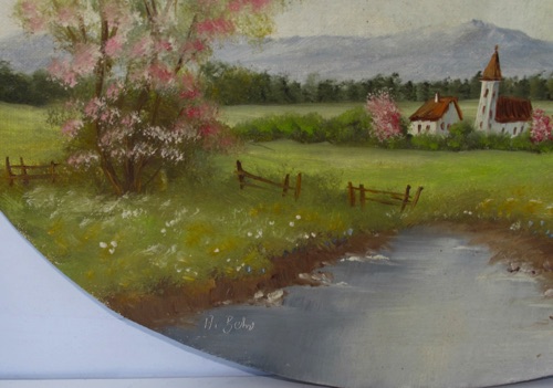 Behr Ölgemälde Landschaft Kirche oval
