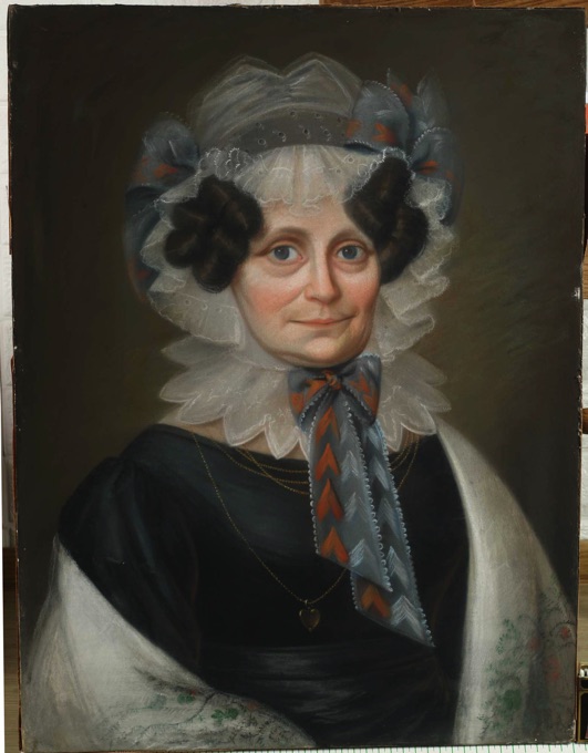 Biedermeier Pastell Gemälde Portrait Edeldame Tracht Kopfbedeckung Herz