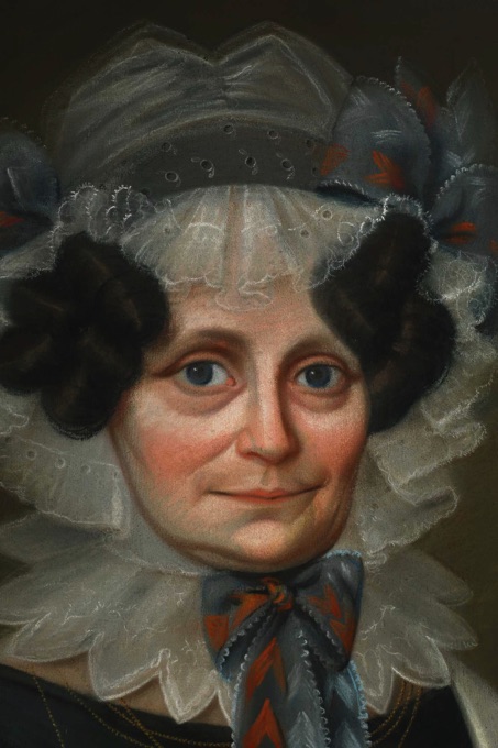 Biedermeier Pastell Gemälde Portrait Edeldame Tracht Kopfbedeckung Herz