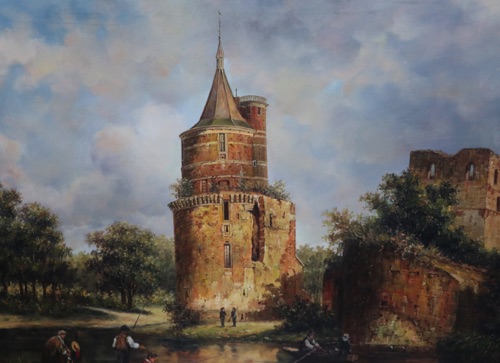 Burger Ölgemälde Dorf Stadt Turm Angler