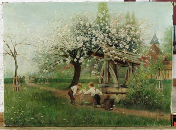 Carl Haag antikes Ölgemälde Lausbuben Kirschblüte Garten Schiff