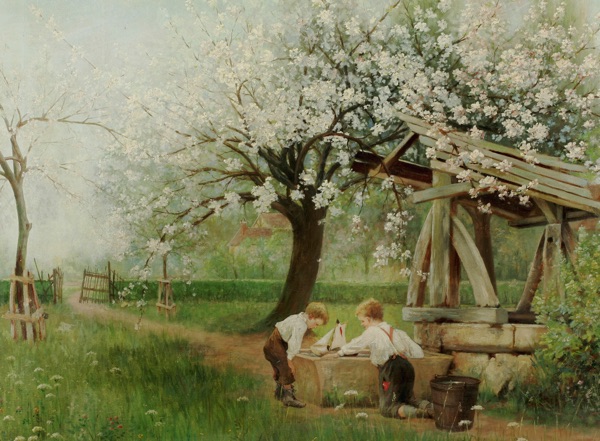Carl Haag antikes Ölgemälde Lausbuben Kirschblüte Garten Schiff