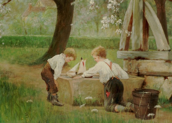 Carl Haag antikes Ölgemälde Lausbuben Kirschblüte Garten Schiff