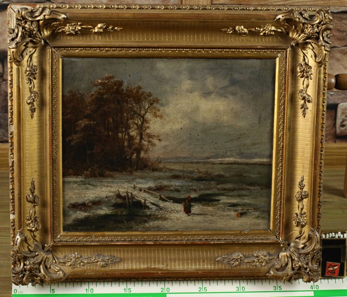 C. L. Fahrbach Ölgemälde antik Winterlandschaft Person Stadt Schnee verschmutzt