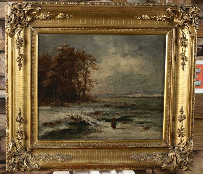 Carl Ludwig Fahrbach Ölgemälde antik Winterlandschaft