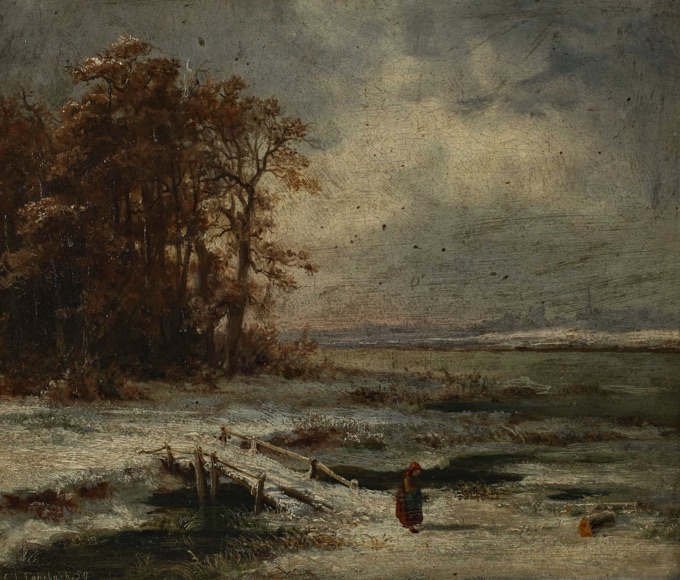 Carl Ludwig Fahrbach Ölgemälde antik Winterlandschaft