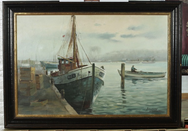 Dahl antikes Ölgemälde Hafen Schiffe Boote Anlegestelle