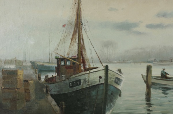 Dahl antikes Ölgemälde Hafen Schiffe Boote Anlegestelle