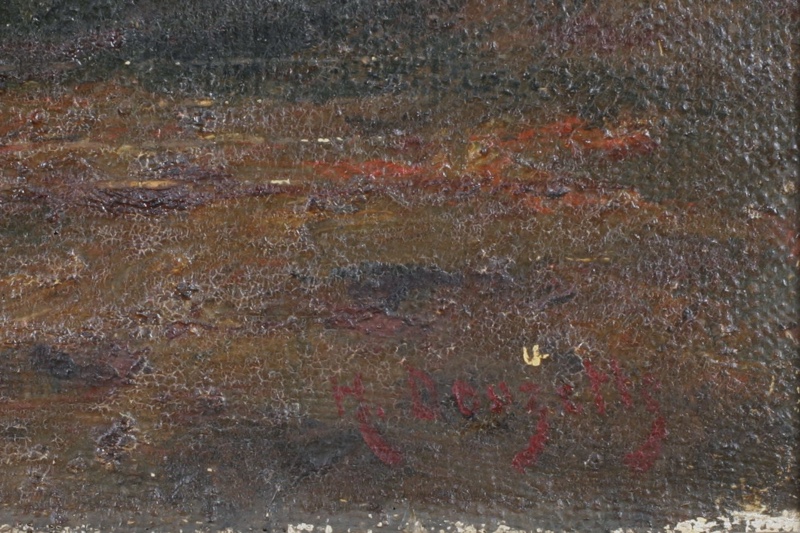 Douzette Ölgemälde antik See Nacht Fischer